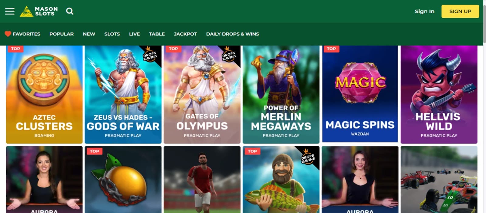 Masonslots Casino games page with the colorful slot game icons and top navigation menus