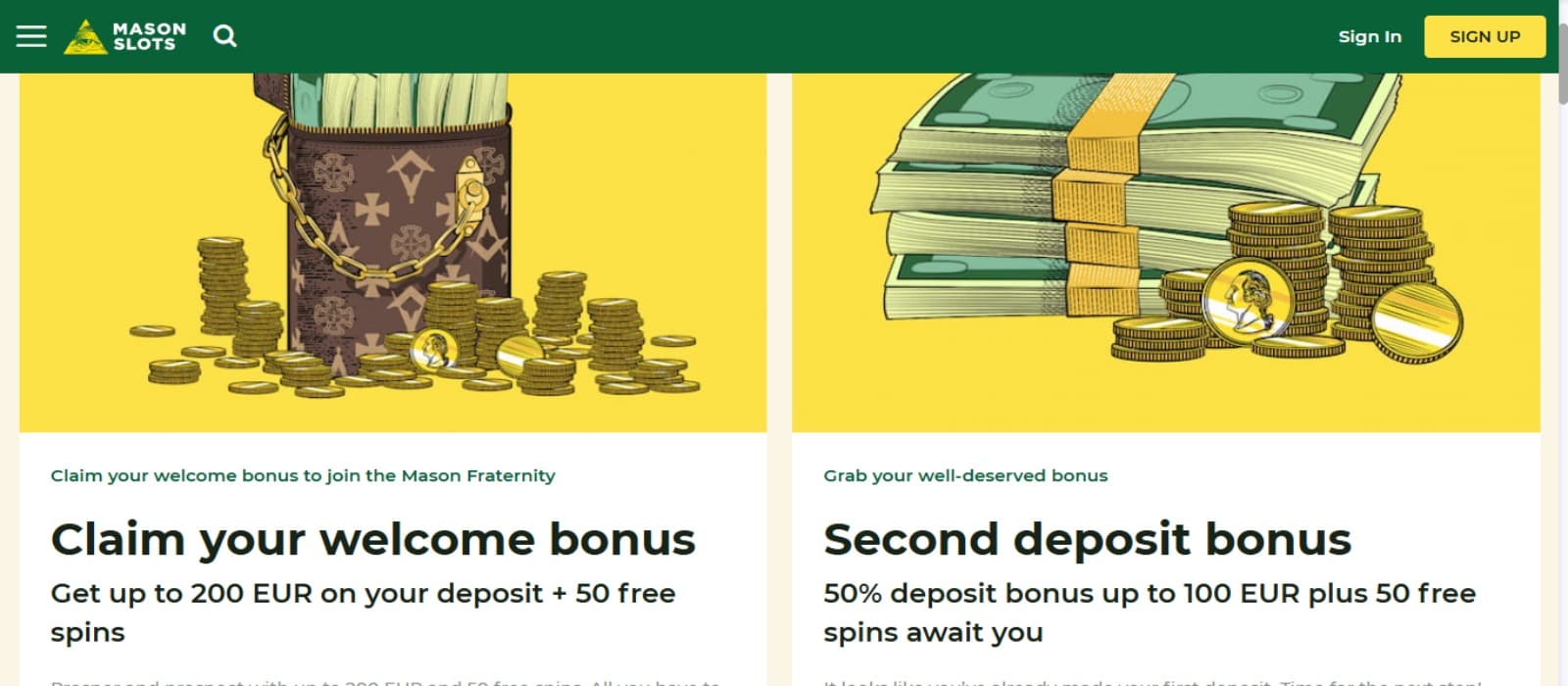 Masonslots Casino promotions page with the first deposit and second deposit bonus banners and top navigation icon at the left side