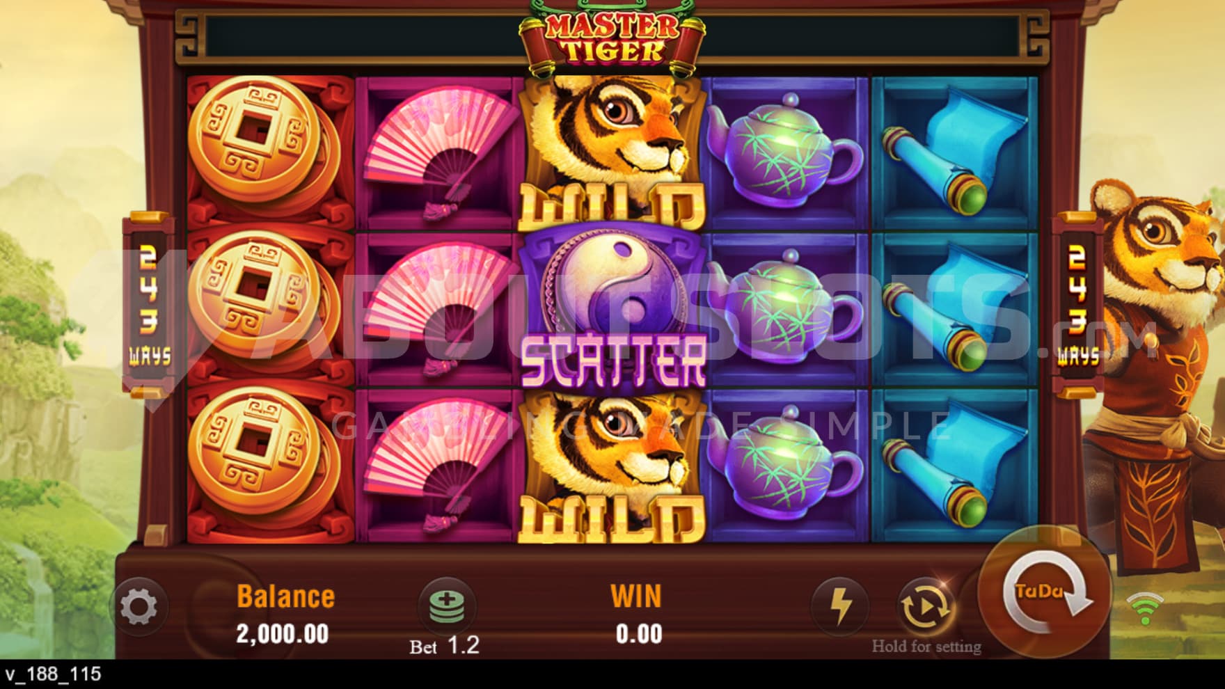 The Master Tiger stands next to the reels with the Chinese mountainscape in the background