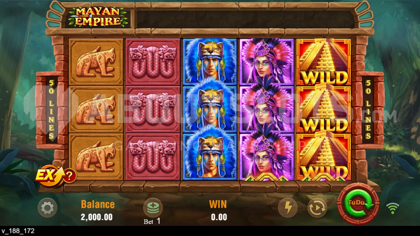 The game is set in the jungle with the playing grid coming with symbols depicting characters and hieroglyphs