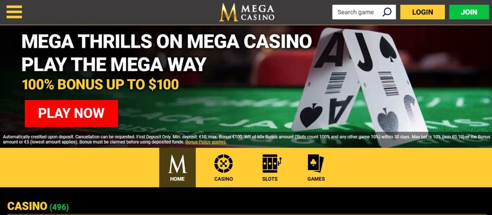 Mega Casino's homepage, showing the welcome bonus and a PLAY NOW button.