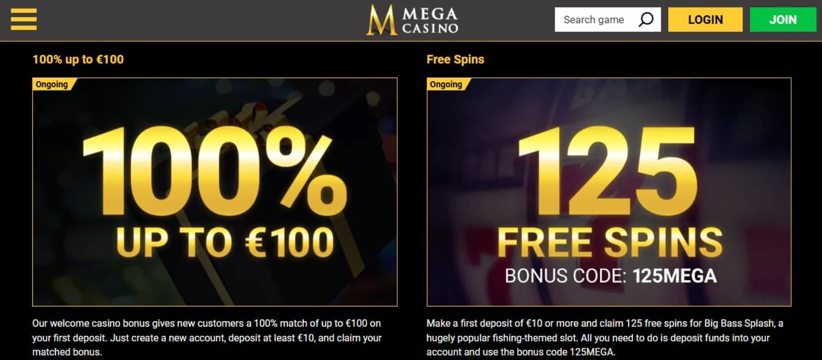 Mega Casino's promotions page, showing the double welcome bonus options.