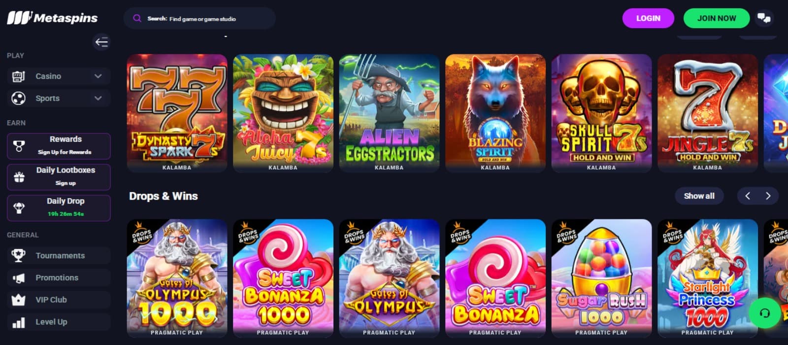 MetaSpins Casino games page with the colorful slot game icons and side navigation menus