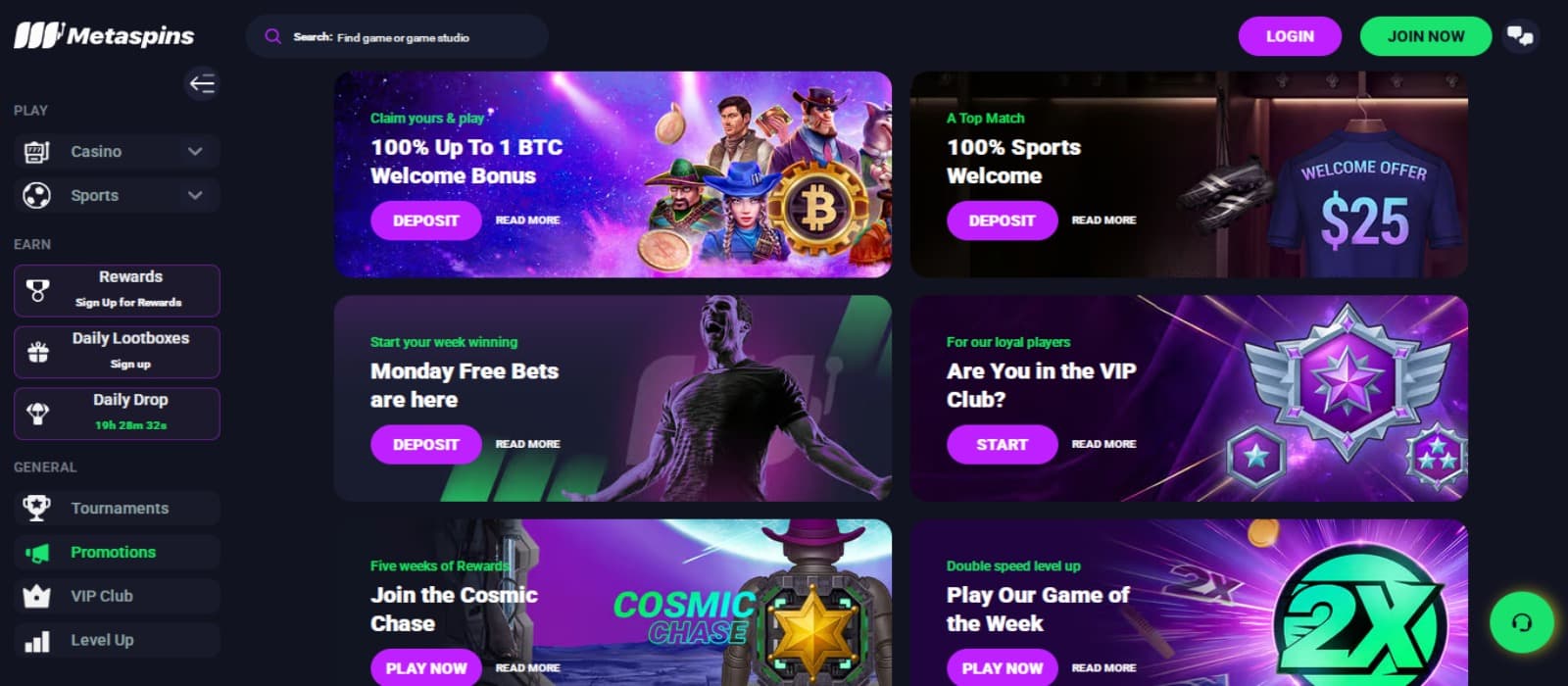 MetaSpins Casino promotions page with the various bonus offer banners and side navigation menus