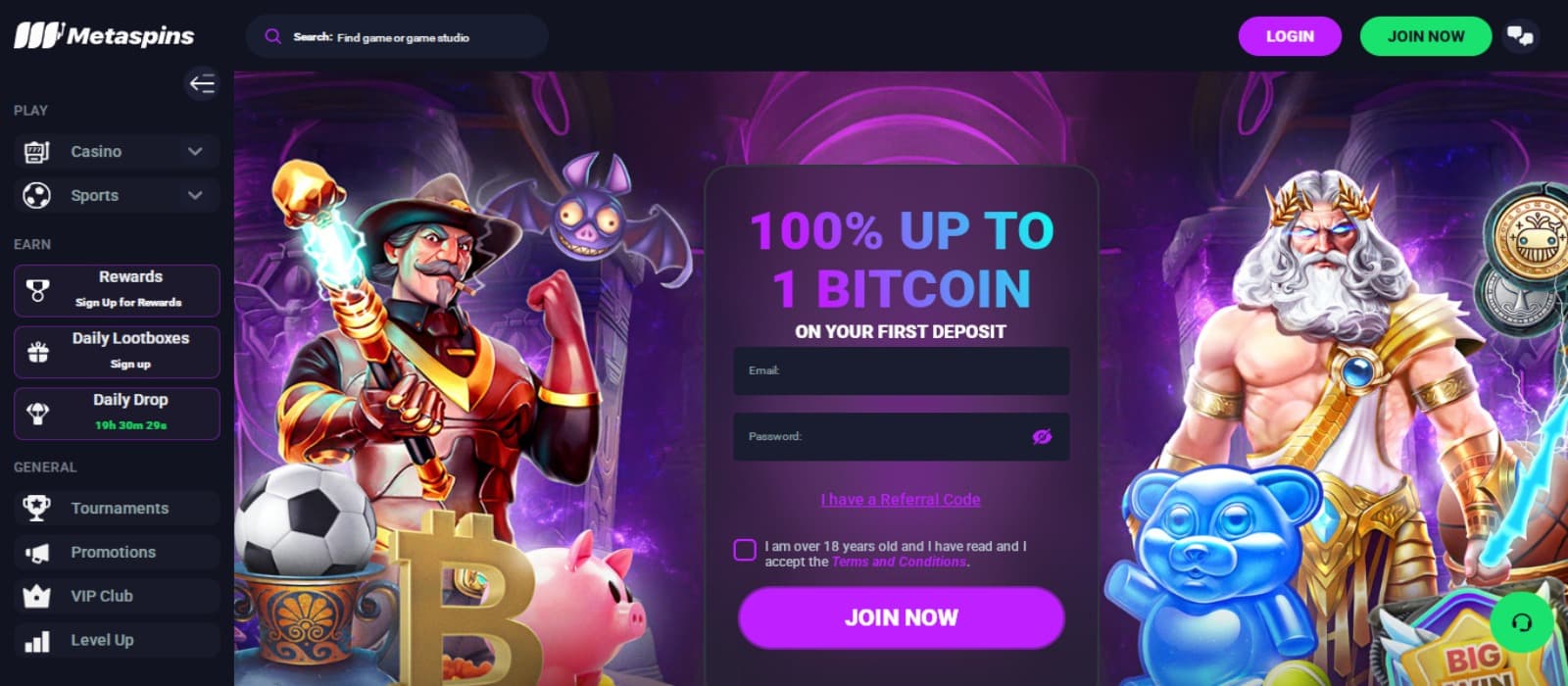 MetaSpins Casino landing page with the welcome bonus banner, side navigation menus and registration option