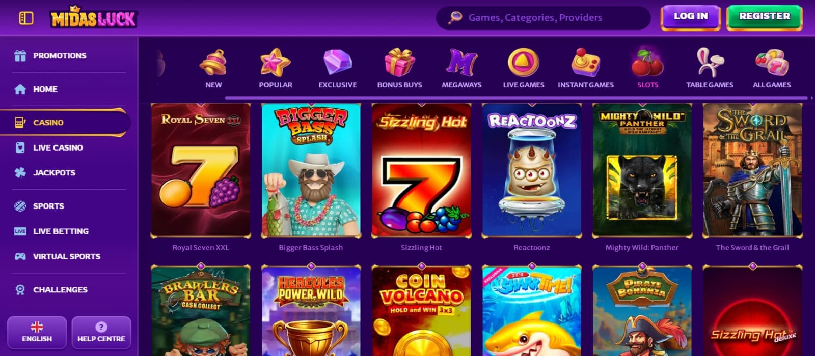 MidasLuck Casino games page with the slot game icons and side navigational panel