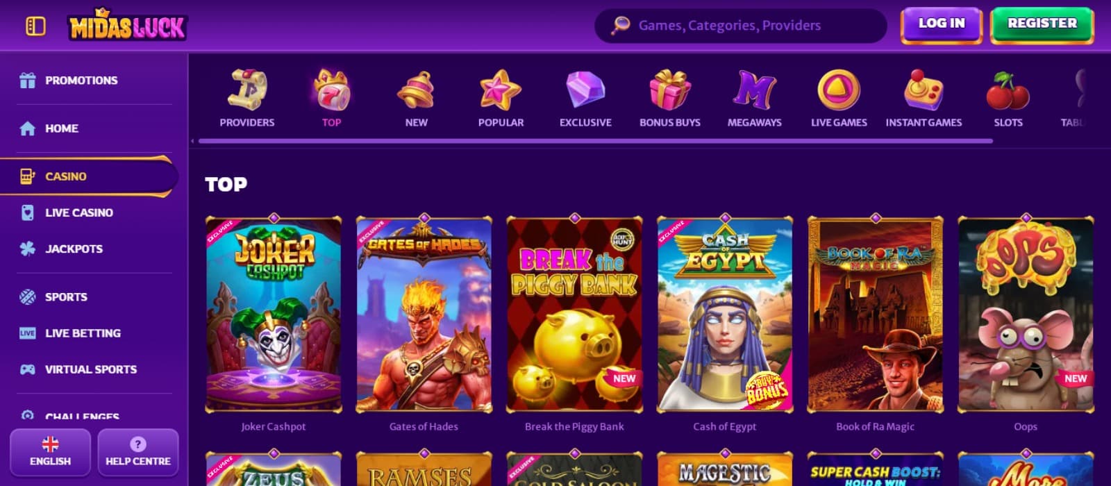 MidasLuck Casino landing page with the slot game icons, game categories above and side navigational panel