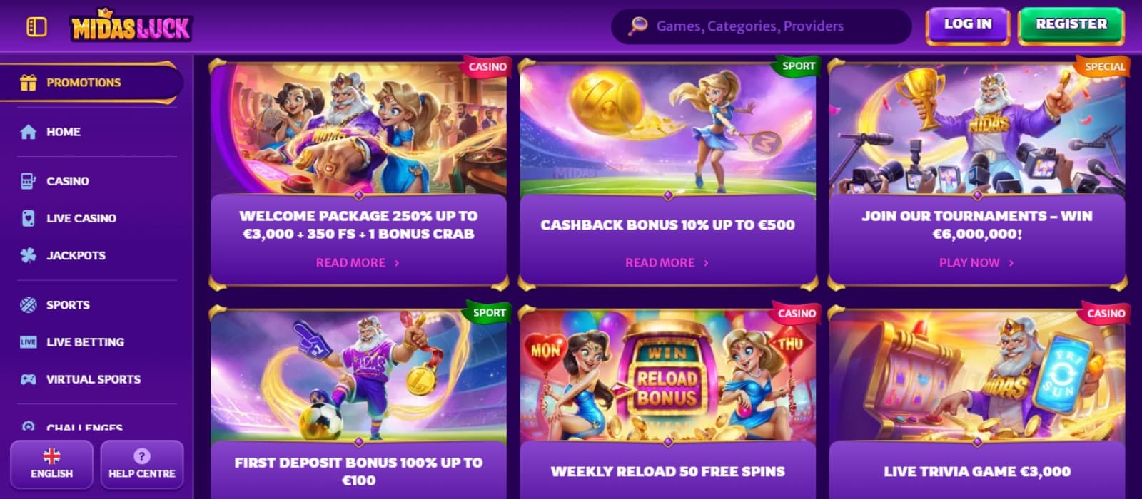 MidasLuck Casino promotions page with the various bonus offer banners and side navigational panel