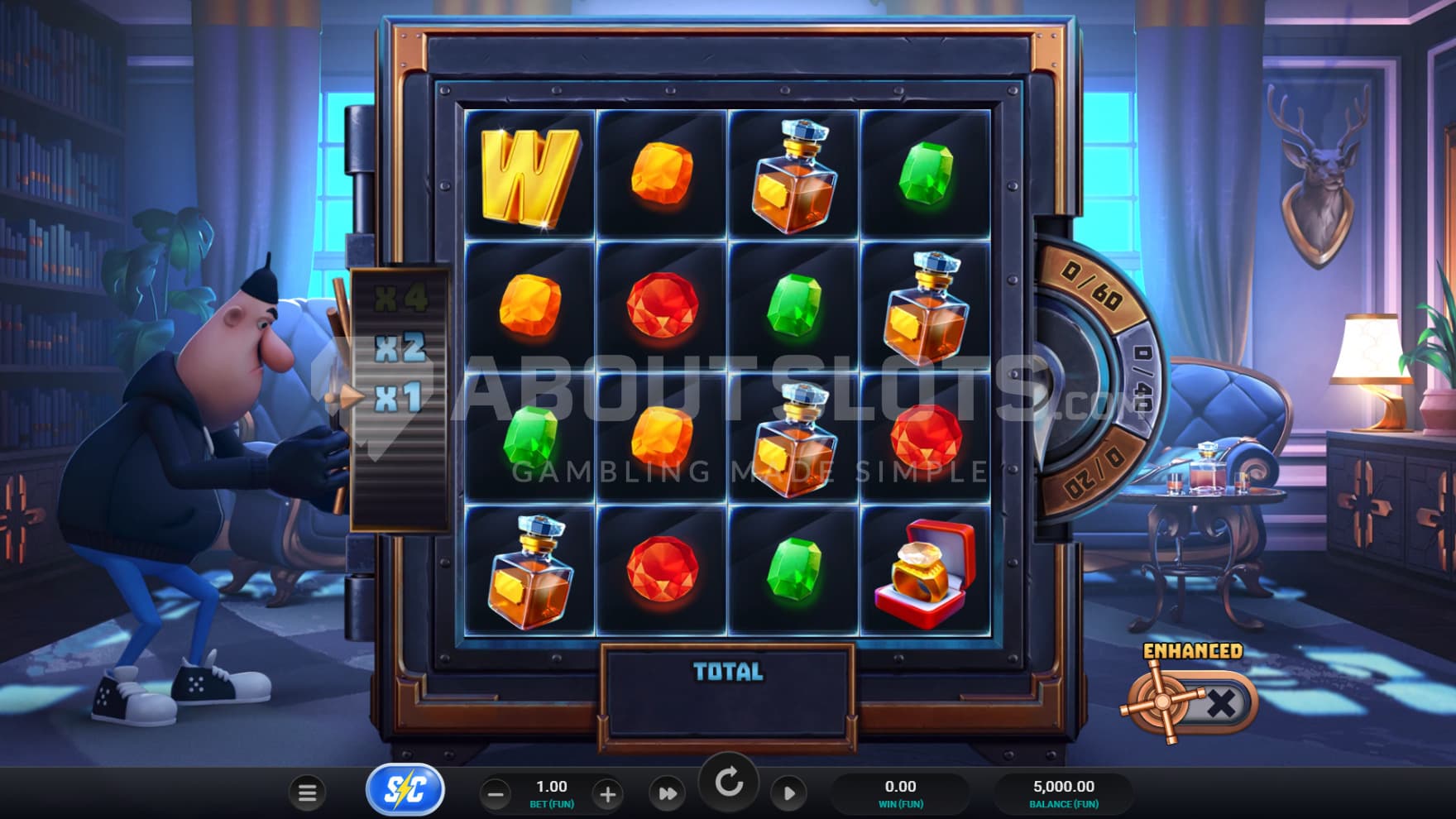 Mister Midnight finds a vault inside a fancy room, where he will be cracking the code as you spin the reels