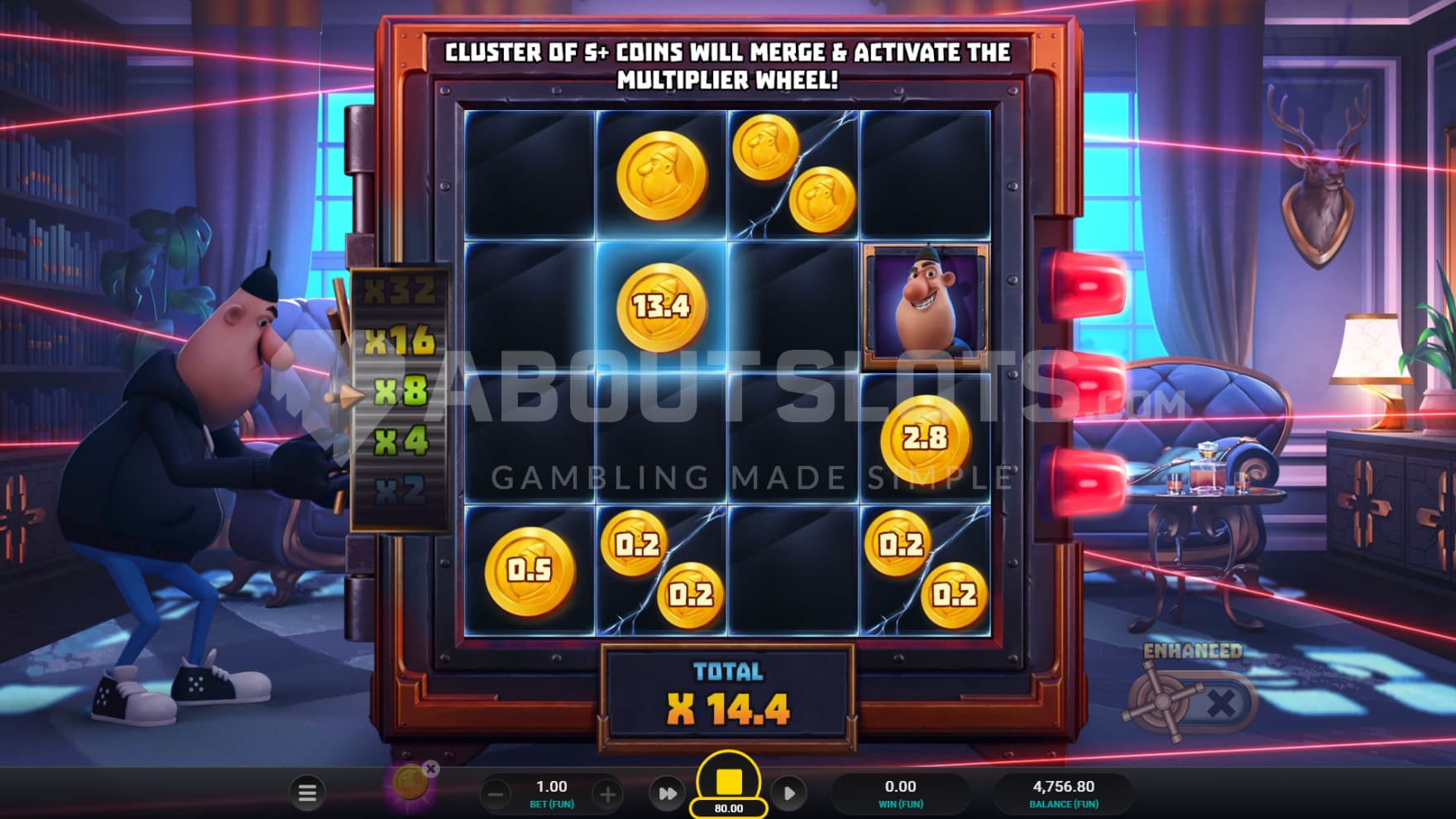 The Coin Caper bonus game has Coins split and combine to form bigger payouts and upgrade the Multiplier Wheel