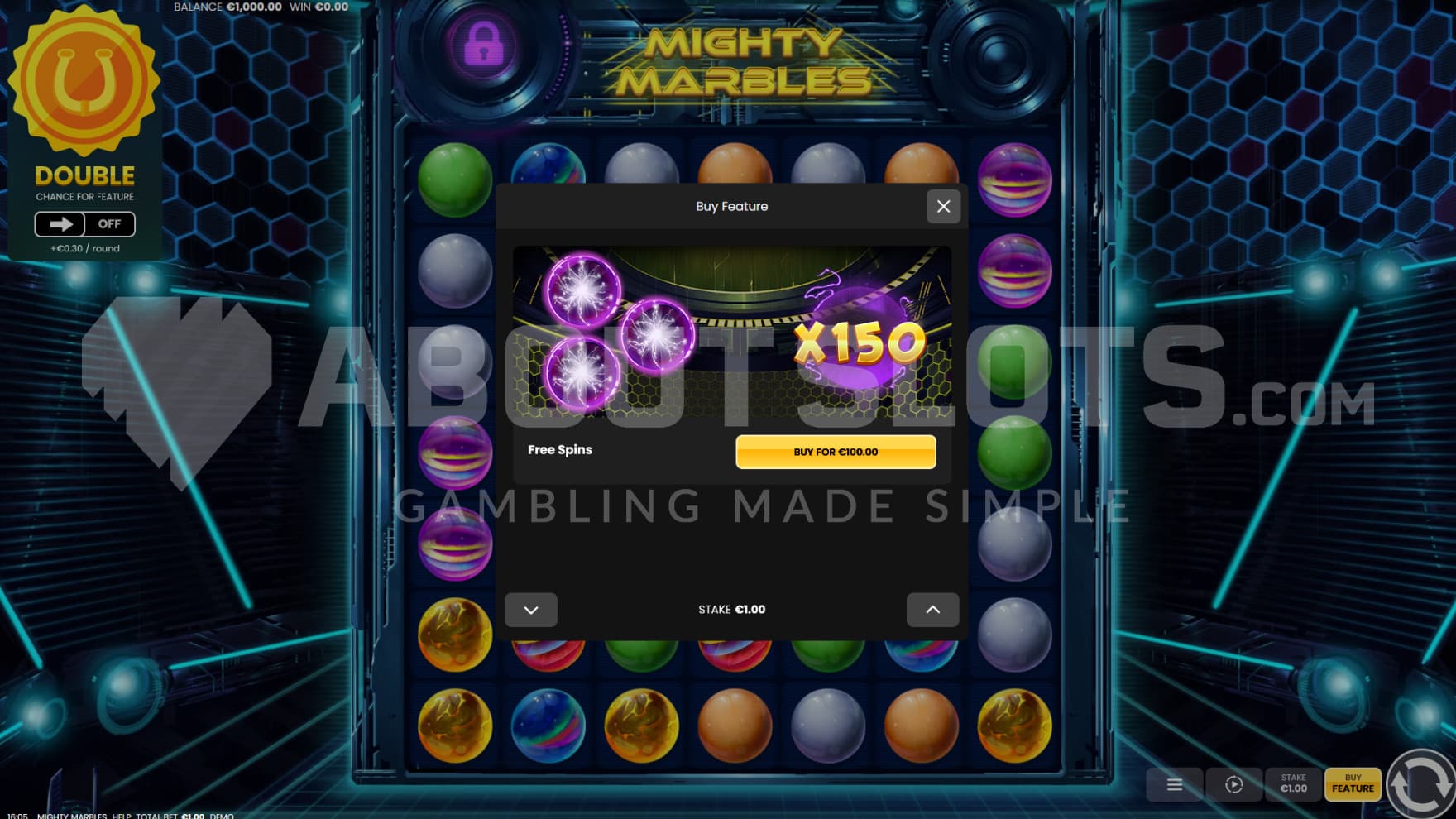 A feature buy option sits infront of the playing grid