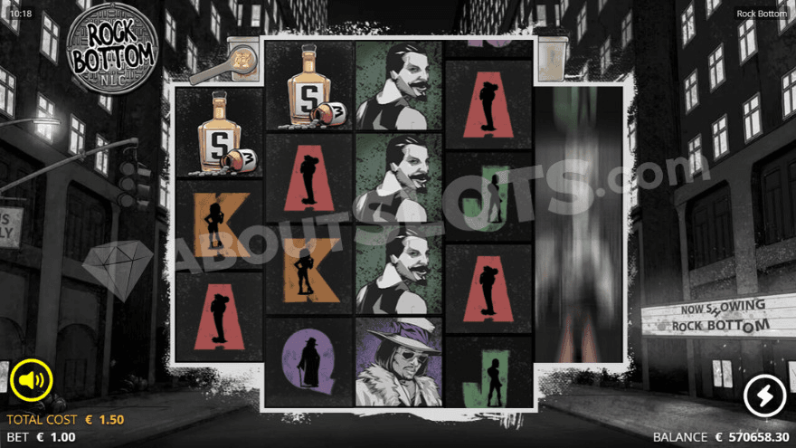 Grid of Rock Bottom slot with spinning reels and a dark city background.