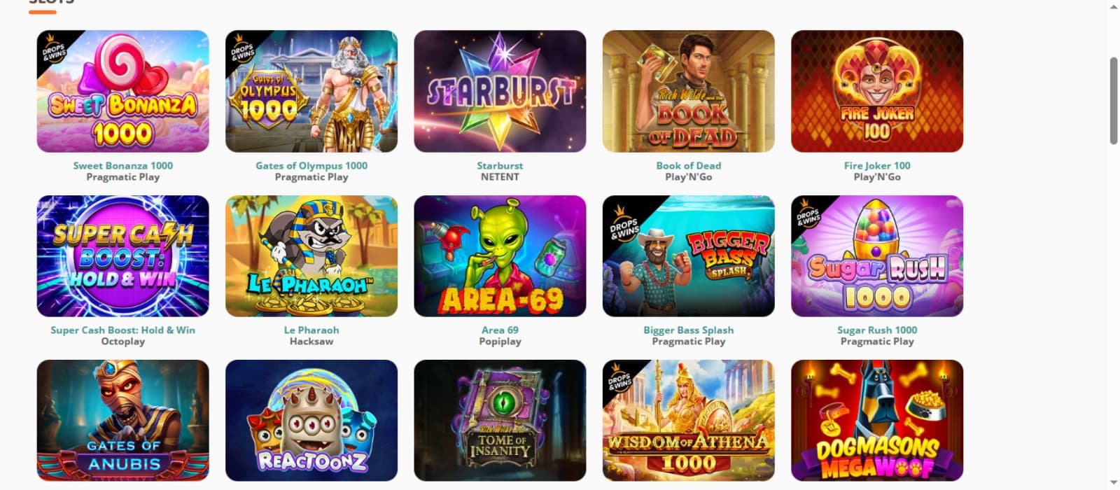 MoiCasino Casino games page with the colorful slot game icons and game categories