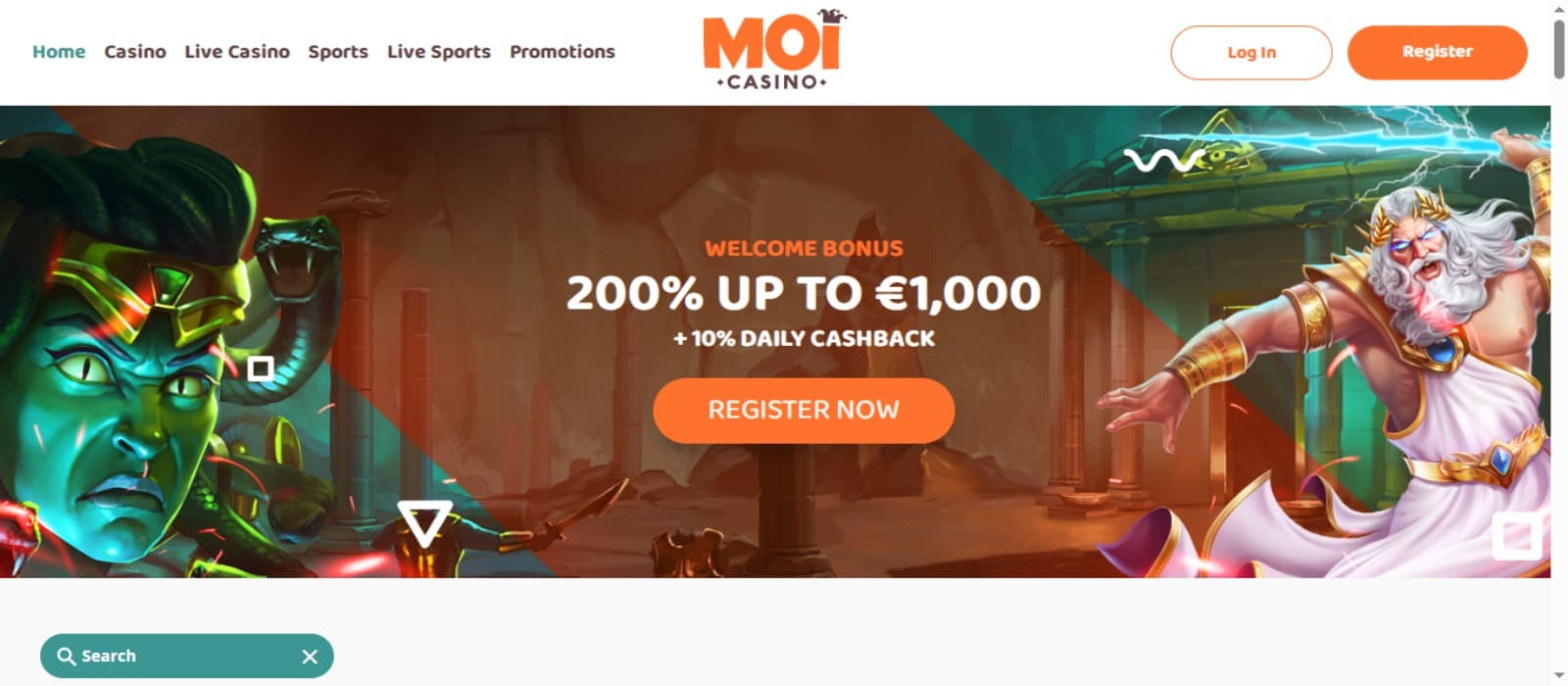 MoiCasino Casino landing page with the welcome bonus offer banner displaying slot game characters and top navigation menus