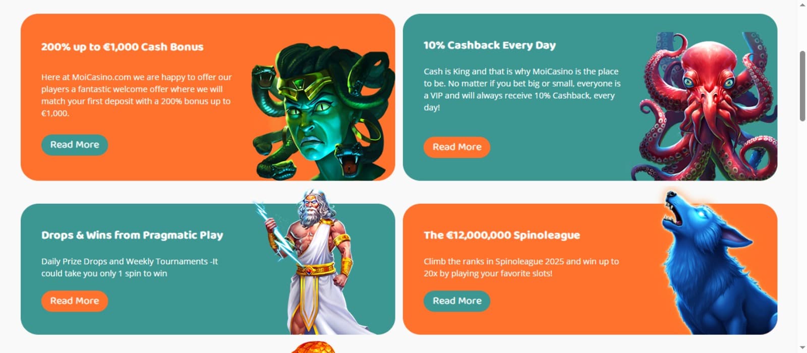 MoiCasino Casino promotions page with the various bonus offer banners and slot game images and description of the bonuses