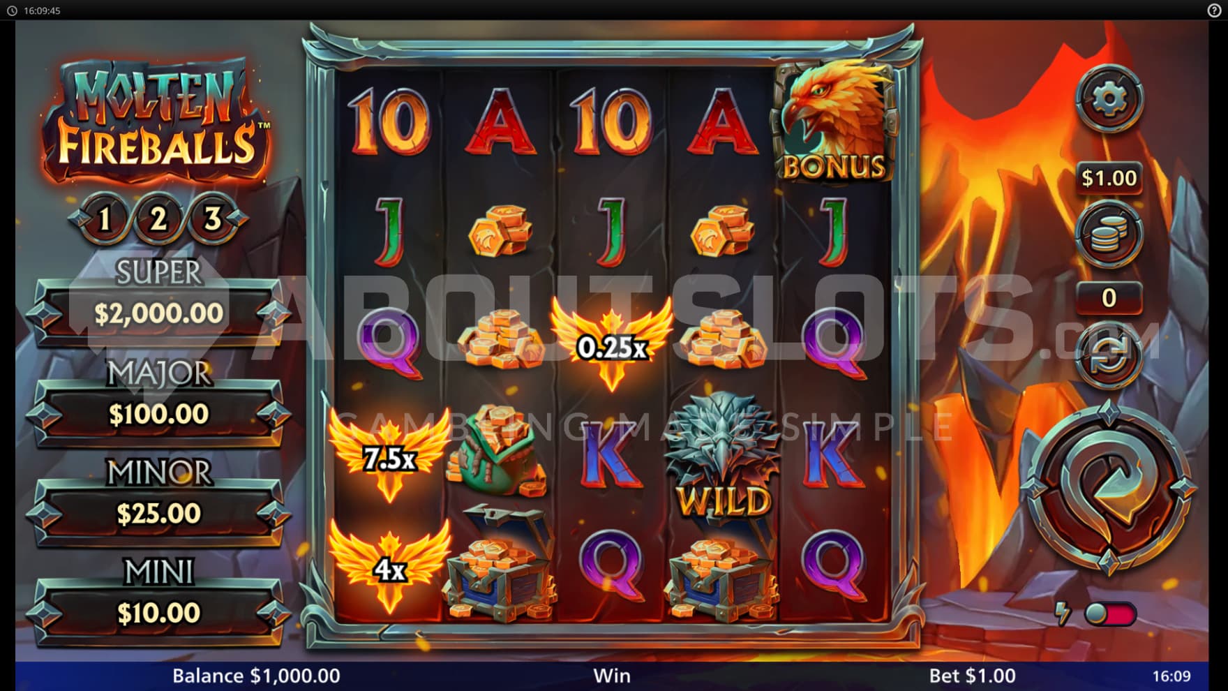 The reels are sat infront of an active volcano with lava running down