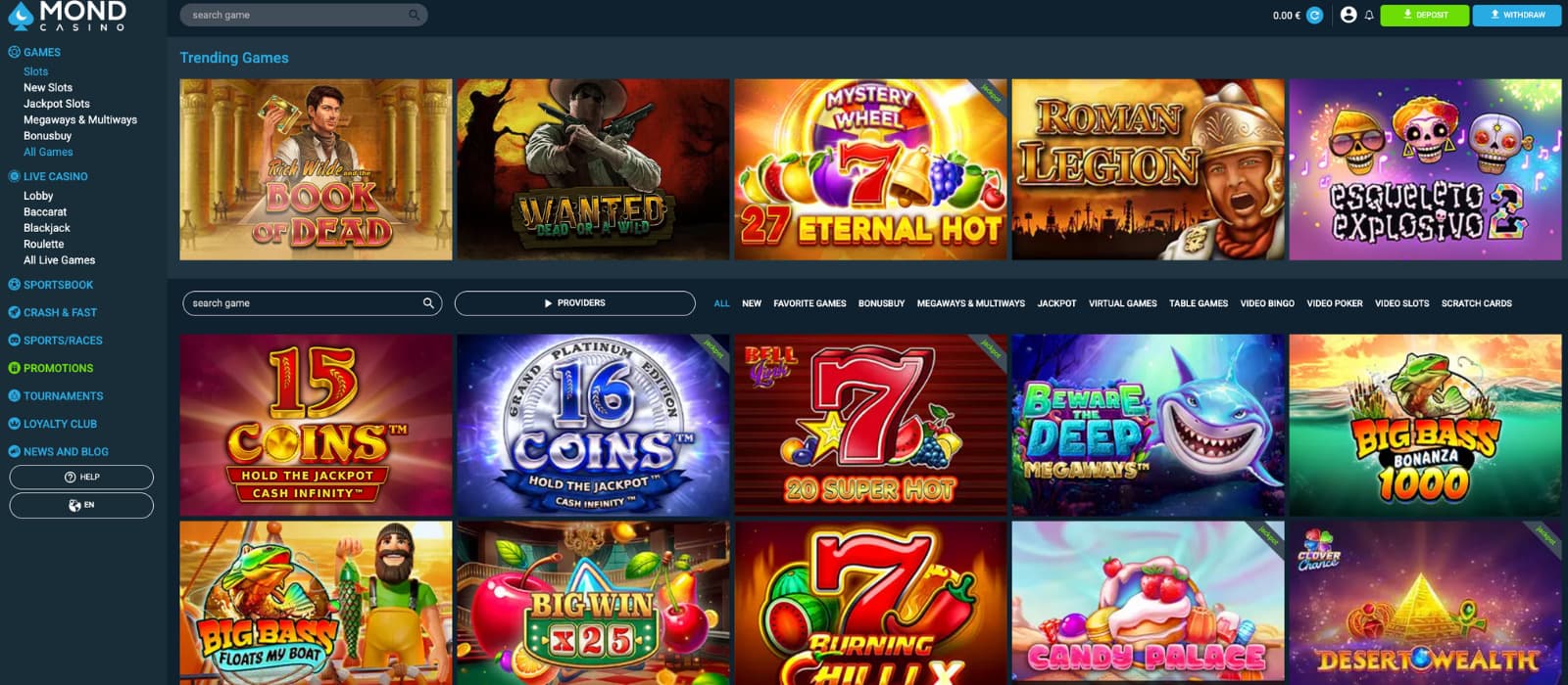 MondCasino games page showcasing a variety of slot titles, including Book of Dead, 25 Cookies, and other popular online slots.