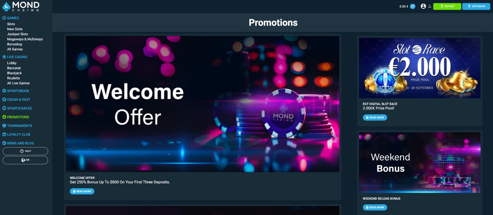 MondCasino promotions page highlighting the €800 welcome package, weekend cashback bonuses, slot races, and ongoing player promotions.