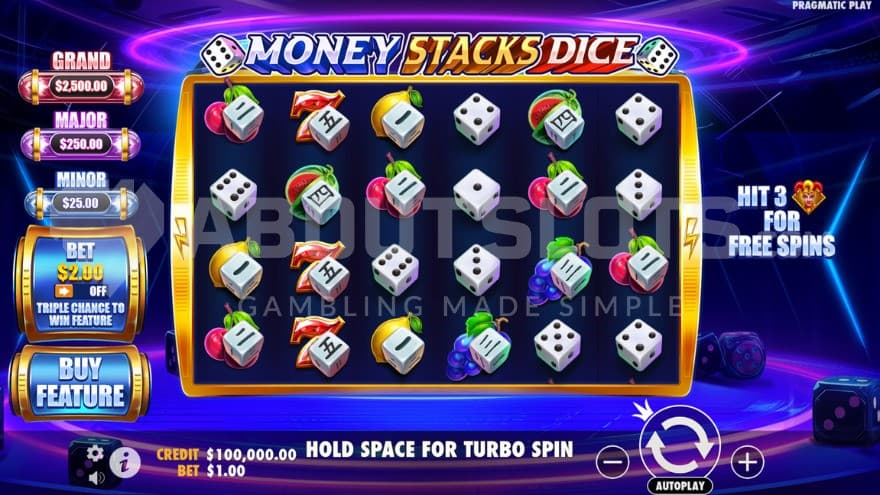 The playing grid is set ontop of a neon table with various dice laying around