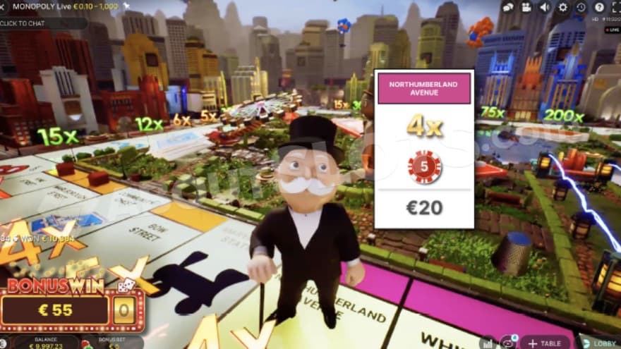 Bonus Game where Mr.Monopoly man can bee seen standing in the middle of the screen.