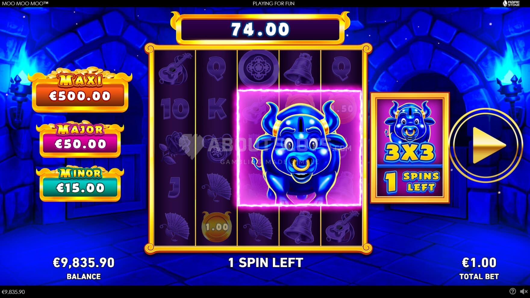 Pictured is the blue coin bonus game with a maxed out 3x3 Collecter Bull moving across the reels