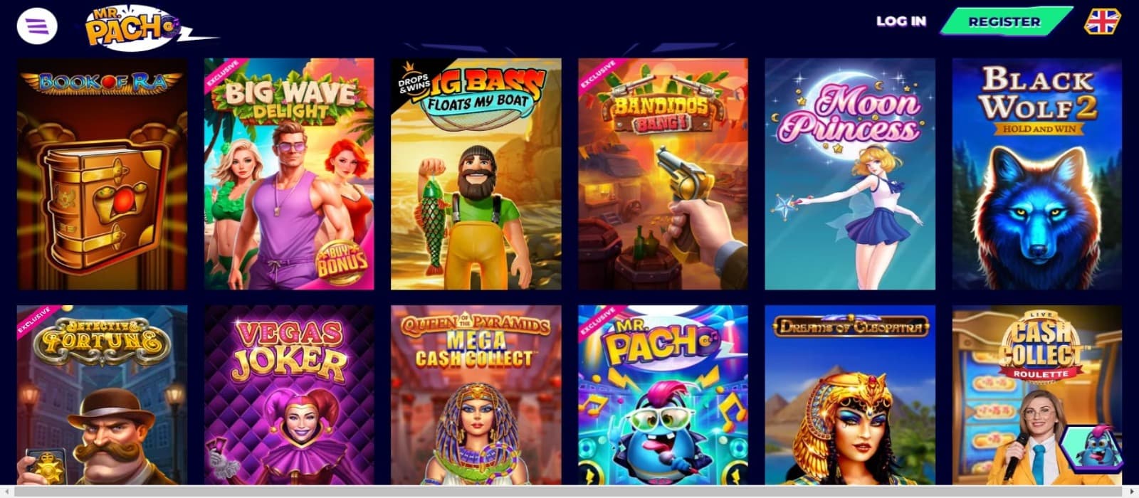 MrPacho Casino games page with the colorful slot game icons and top registration menus