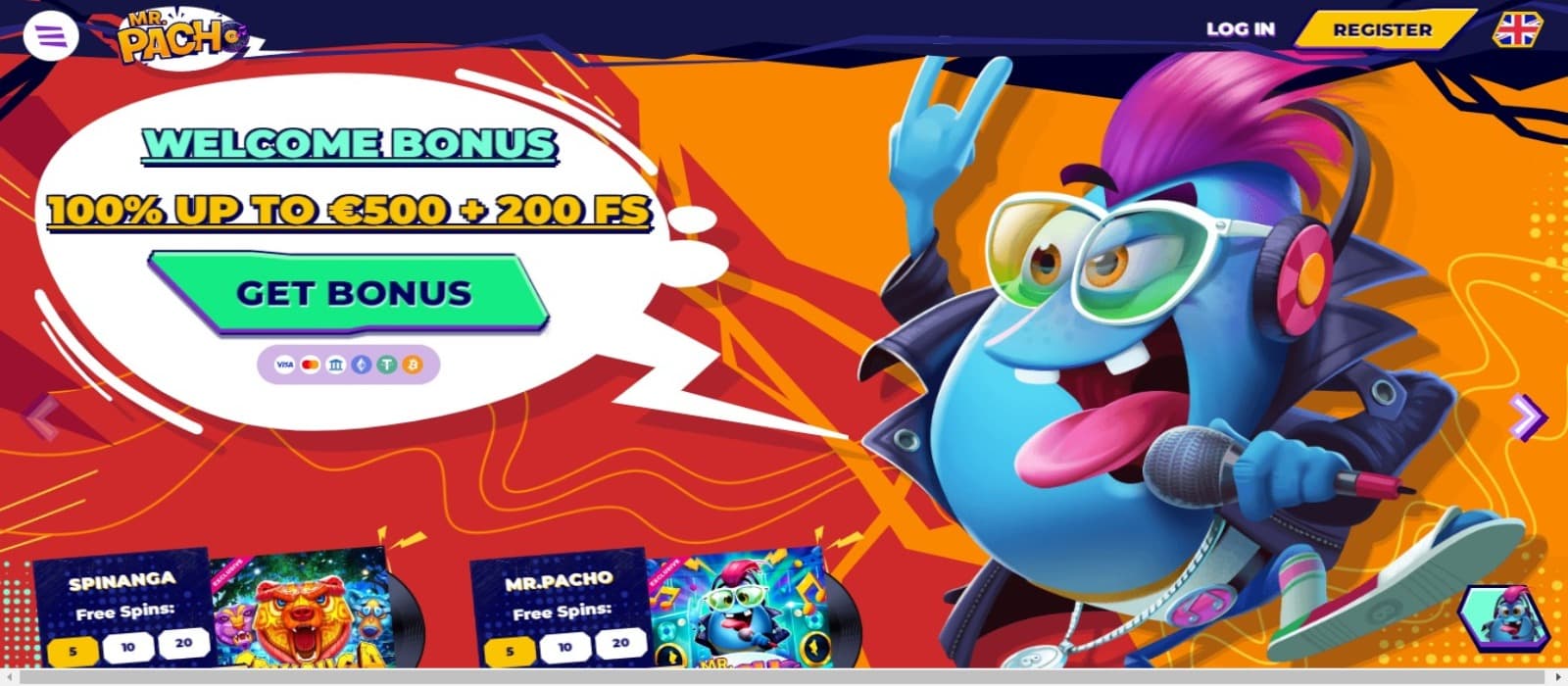 MrPacho Casino landing page with the welcome bonus offer banner and animated mascot of the casino