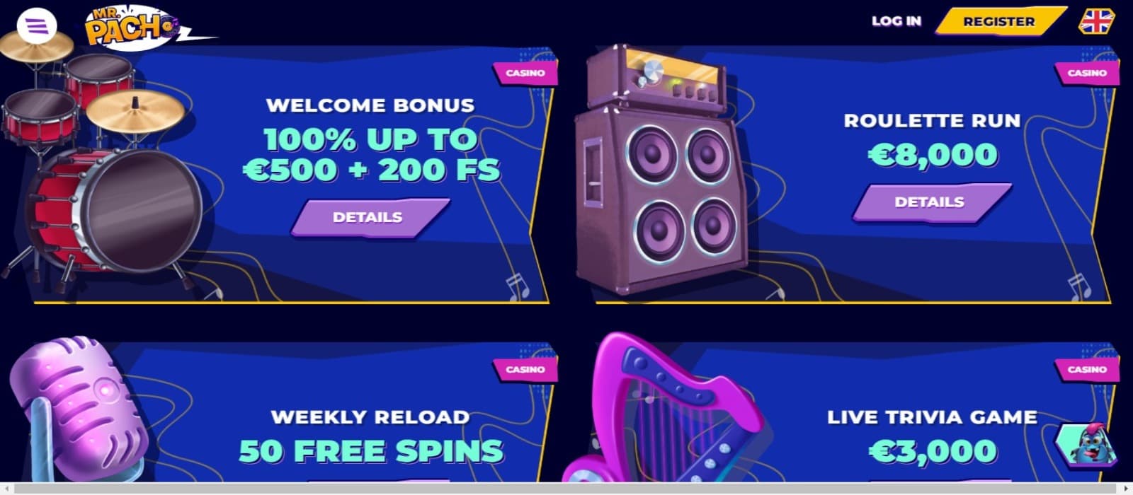 MrPacho Casino promotions page with the bonus offer banners in blue color, animated musical instruments images and registration option at the top