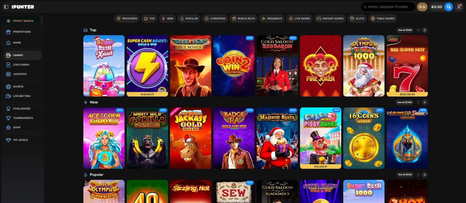 MrPunter Casino games lobby showing a wide range of slots, new releases, popular picks, and category filters highlighting Megaways, bonus buys, live casino, and table games.