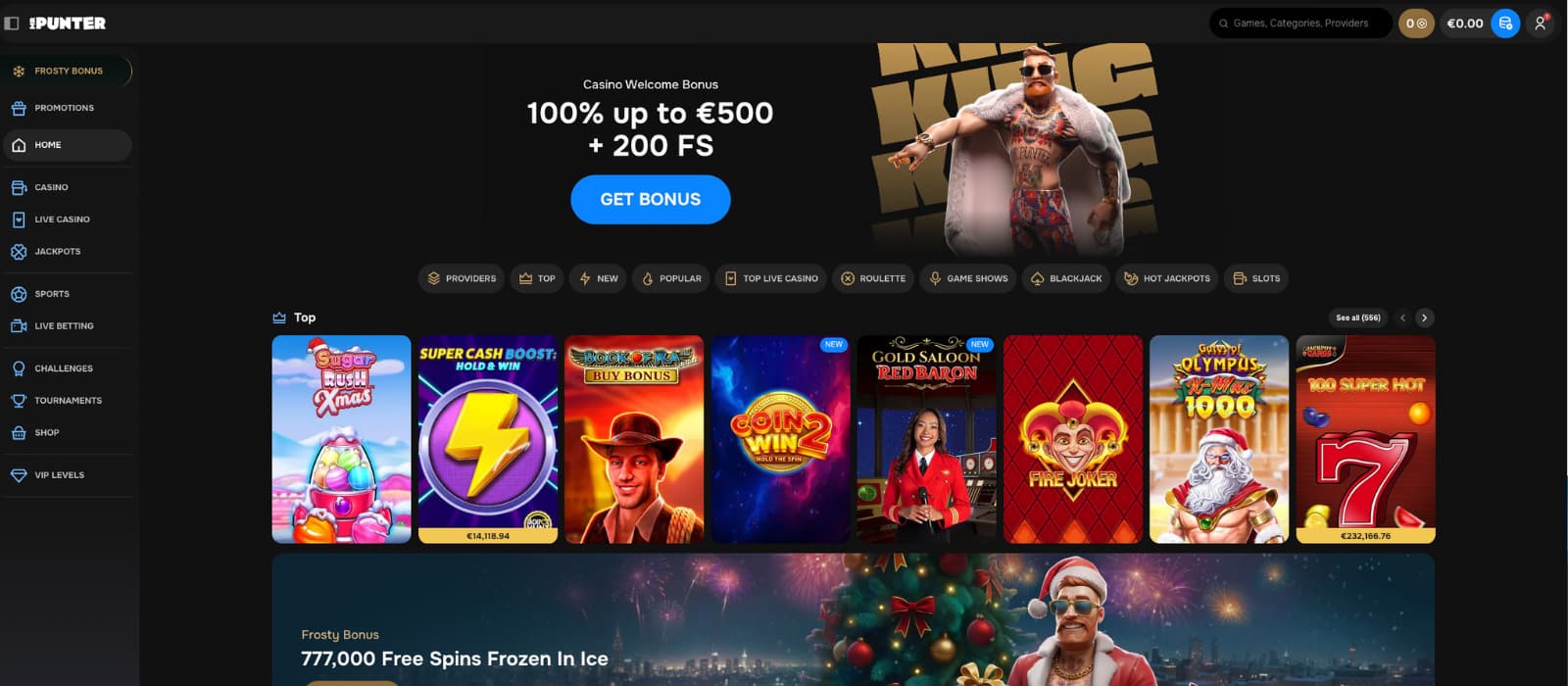 MrPunter Casino homepage showing the welcome bonus section displaying the 100% up to €500 plus 200 free spins offer along with the site’s main navigation and featured game categories.