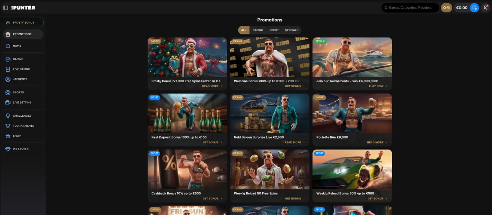 MrPunter Casino promotions page displaying a full grid of bonuses highlighting free spins, reload offers, cashback deals, and seasonal specials with themed artwork.