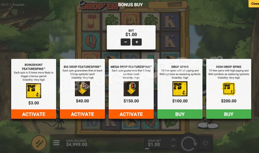 Bonus buy feature with five options to choose from.