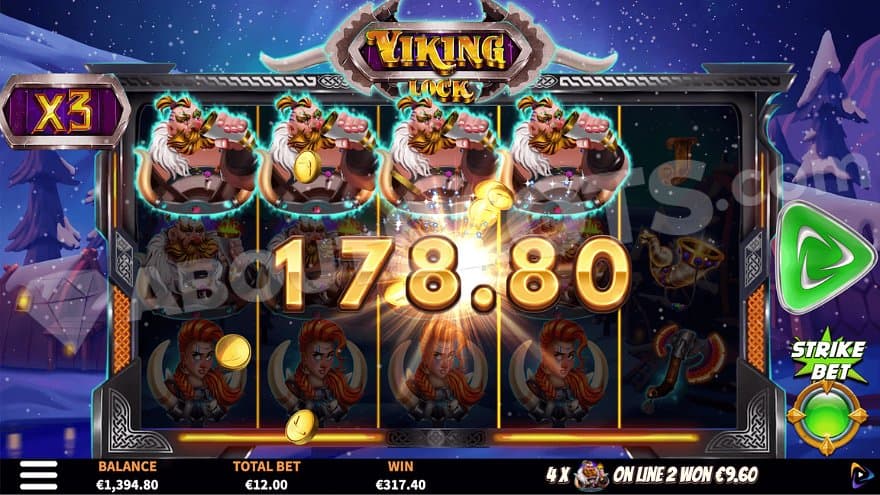 A win of 4 Wild Vikings paying €178.80 on a €12 bet.