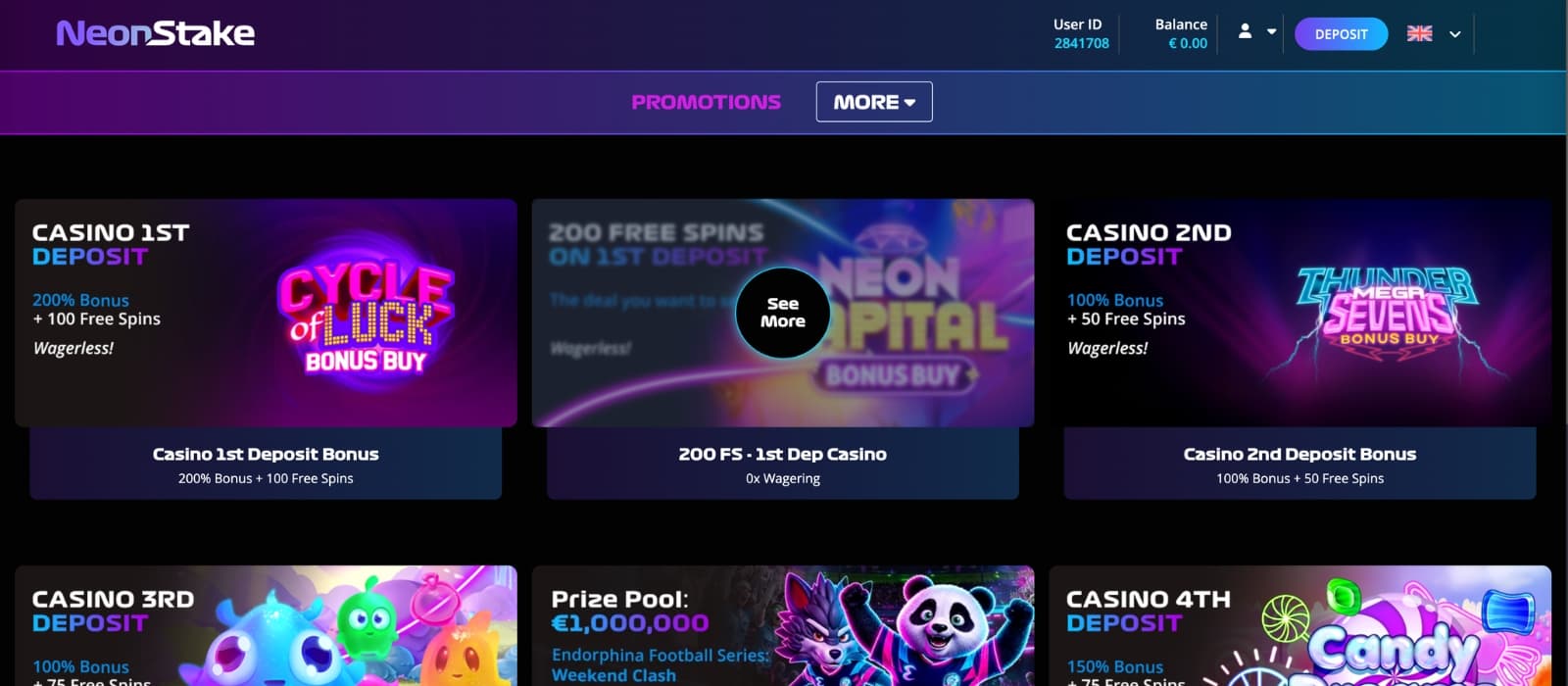NeonStake Casino bonus page displaying crypto casino promotions, cashback rewards, rakeback offers, VIP benefits, and ongoing player campaigns in a vibrant neon-themed interface.