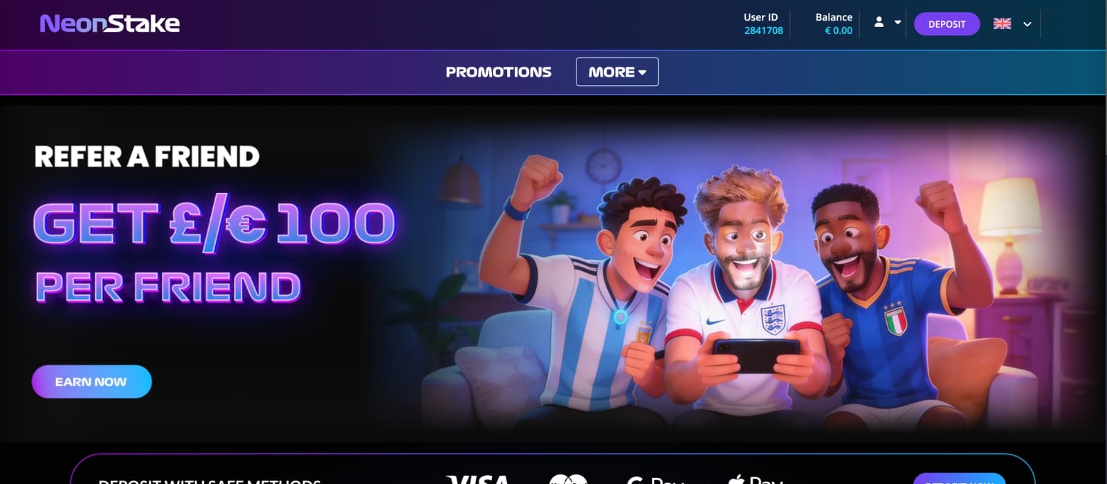 NeonStake Casino homepage featuring a futuristic neon-themed design with promotional banners, crypto casino games, sportsbook highlights, and navigation for casino categories and rewards.