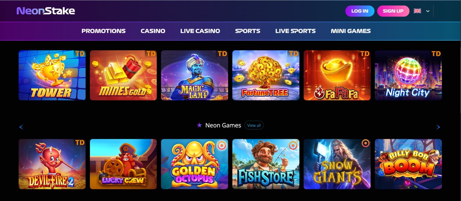 NeonStake Casino game page showcasing online slots, live casino titles, and crypto-friendly games with colorful thumbnails, provider filters, search tools, and category navigation.