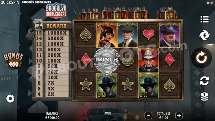 Base game with some liquor bottles on the top of the reels.