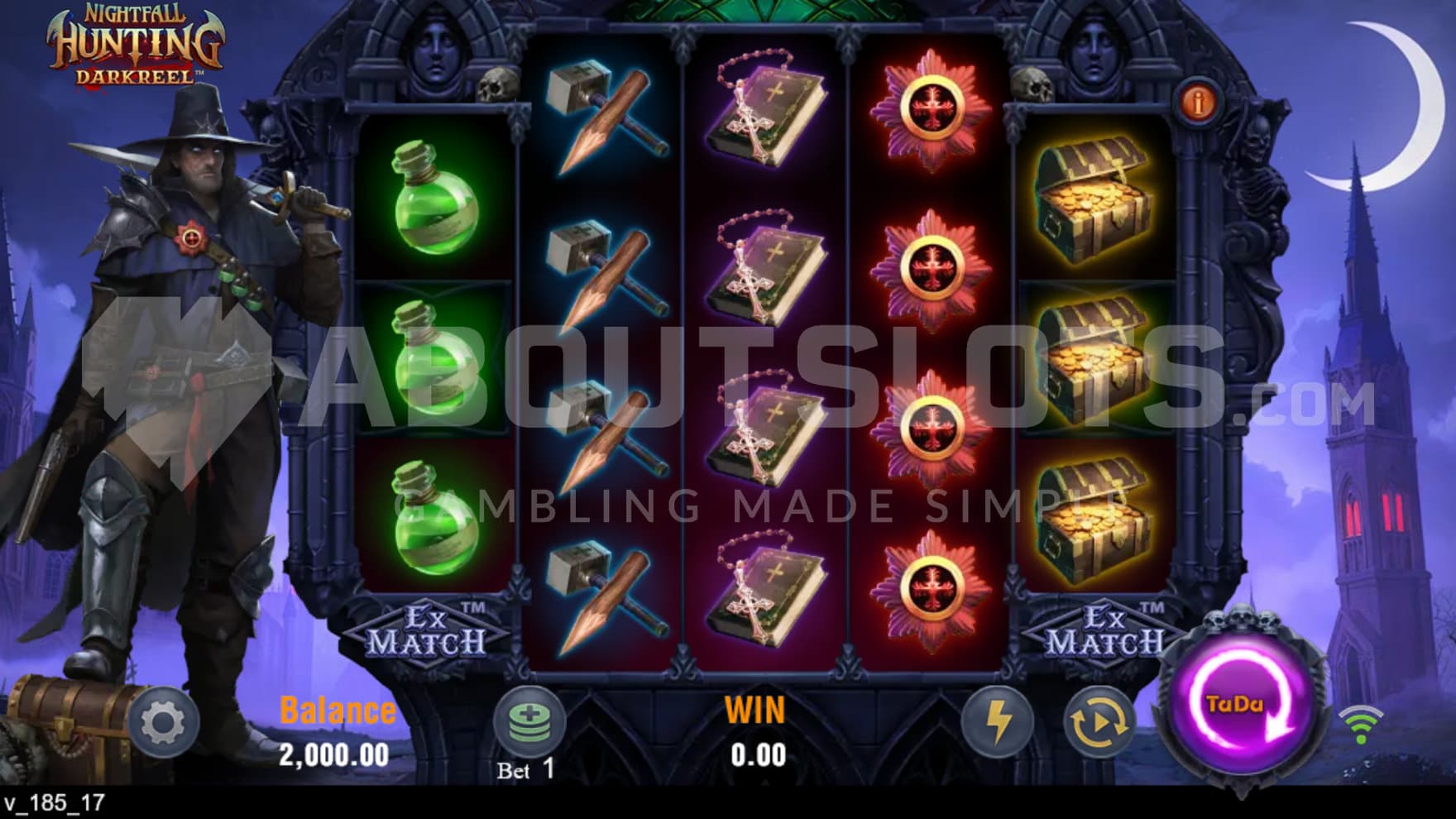 The vampire hunter stands next to the reels with omnious castles in the background