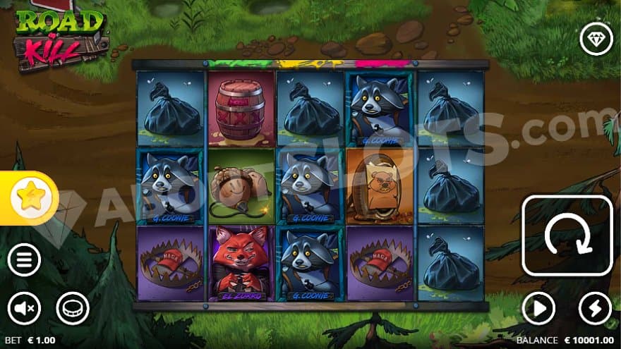 Five slot reels on a dirt road.