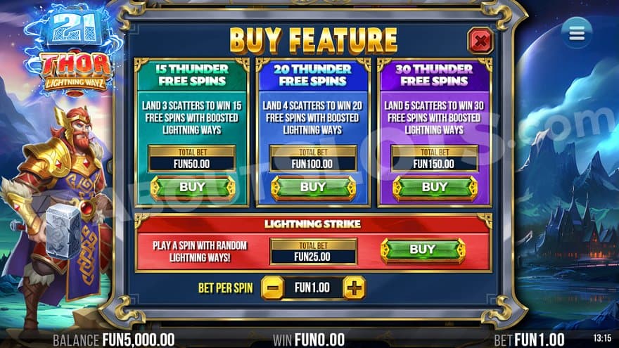 A menu selling three different free spins and the Lightning Strike feature.