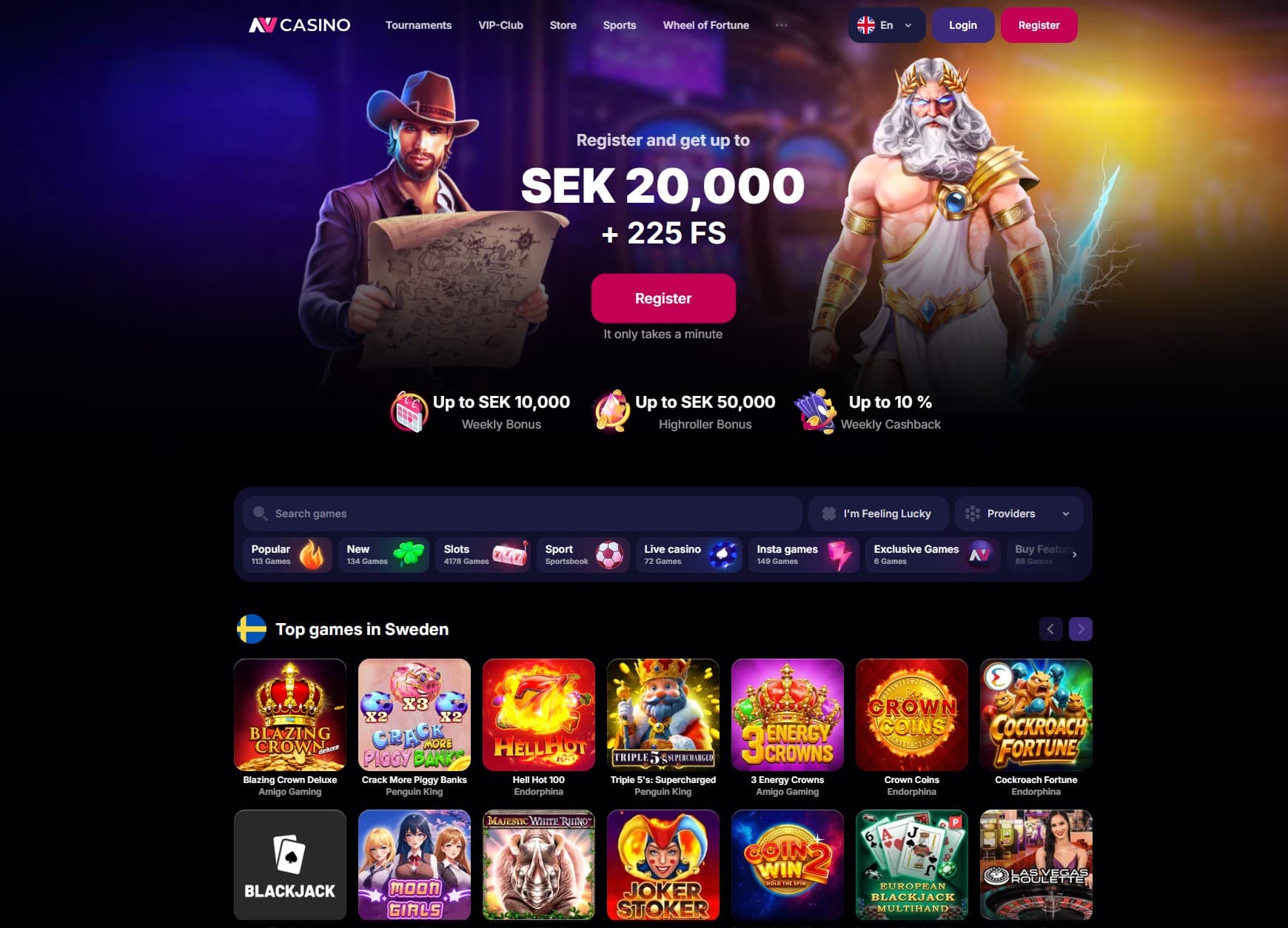 NV Casino Landing Page showing a selection of games and the bonus offer