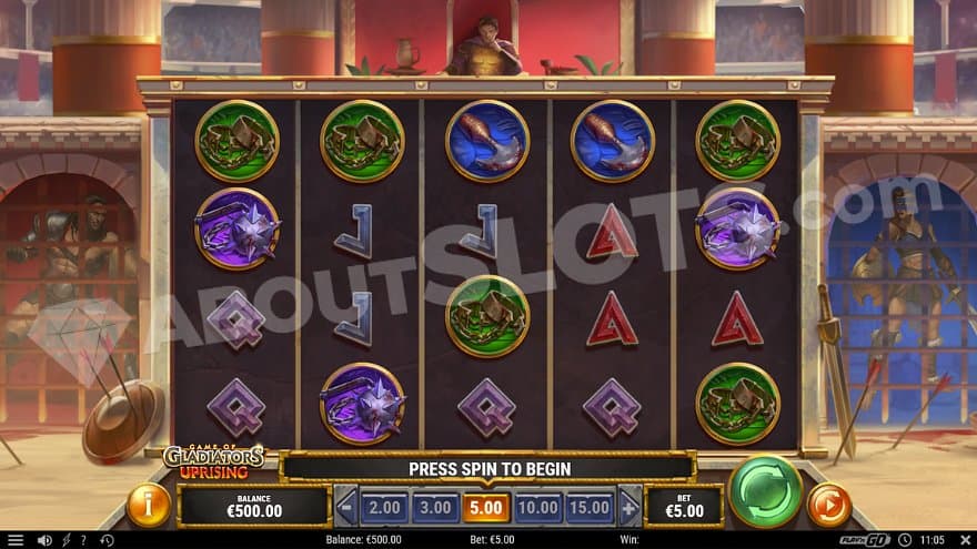 Inside a gladiator arena with an emperor sitting above the reels and two gladiators behind bars to the sides of the reels.