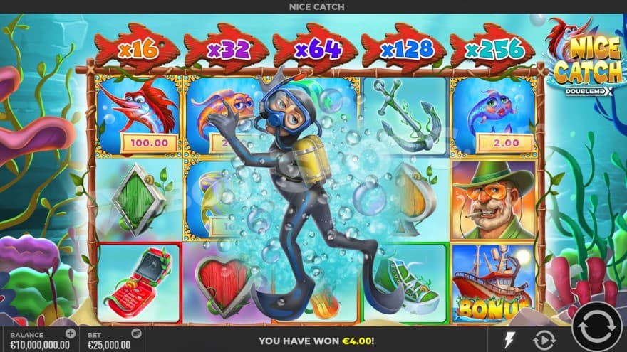 Free Spins feature with colorful corals in the background.