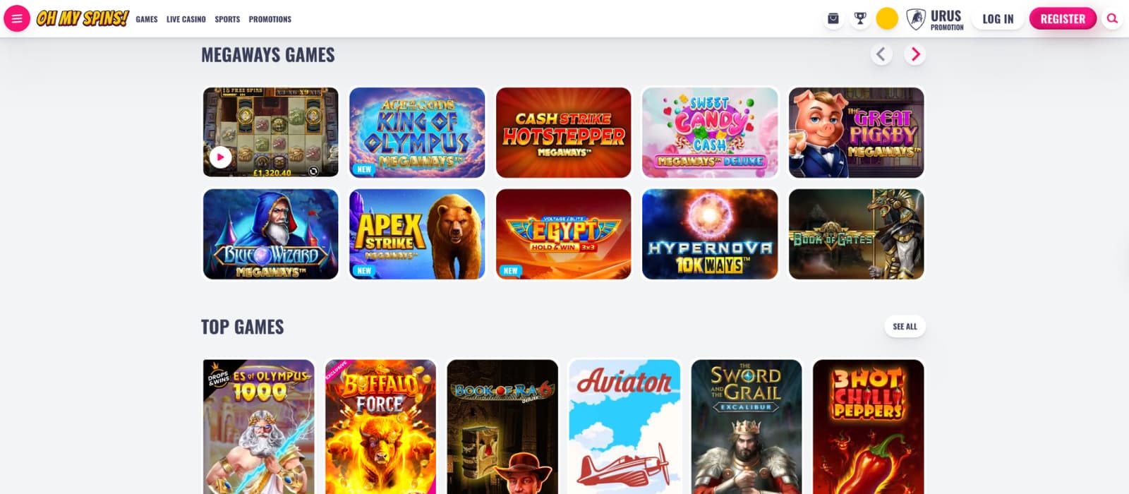 OhMySpins Casino games page highlighting Megaways titles like Age of the Gods King of Olympus and popular slots such as Gates of Olympus 1000, Buffalo Force, and Aviato