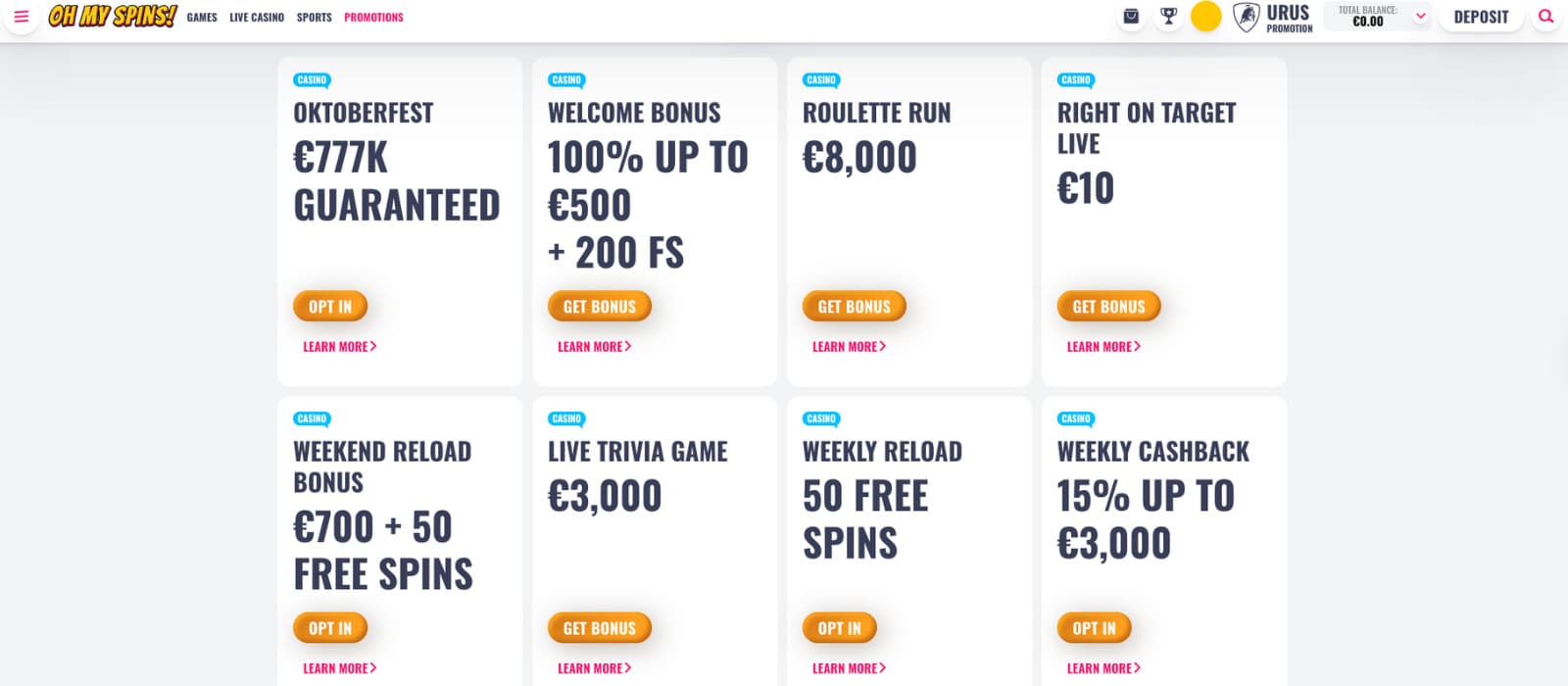 OhMySpins Casino promotions page showcasing offers including a €500 welcome bonus with 200 free spins, a €700 weekend reload, and cashback deals up to 25%.