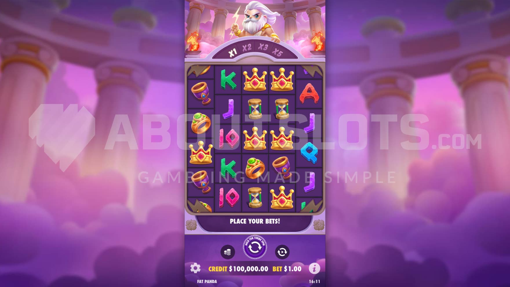 The game is set in Olympus with the many clouds surrounding the playing grid