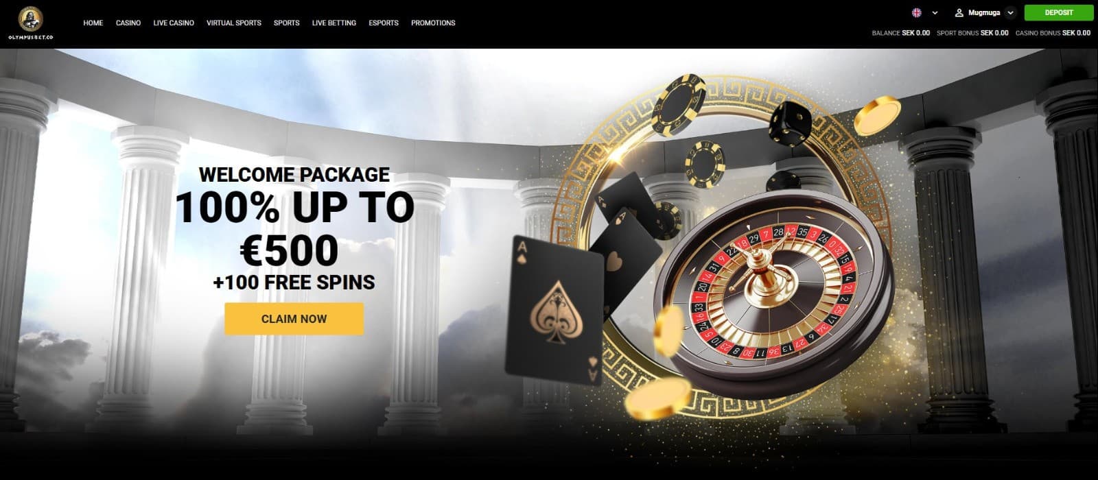 Welcome bonus offer at OlympusBet Casino: Get up to €500 + 100 free spins.