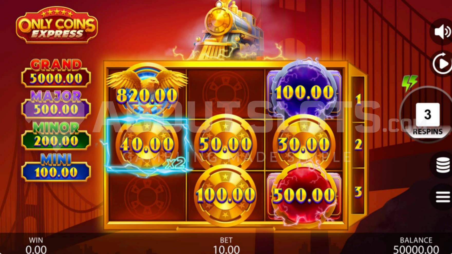The REspins Bonus Game is the only way to get payouts in Only Coins Express