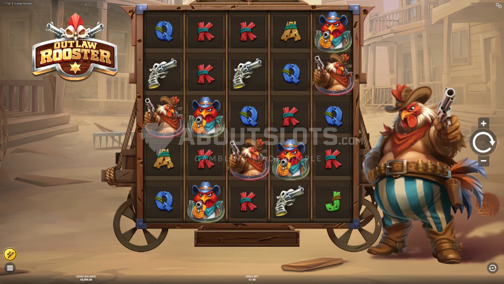 The Obelix-looking chicken-man stands next to the playing grid, revolver in hand, ready to fire away at the reels