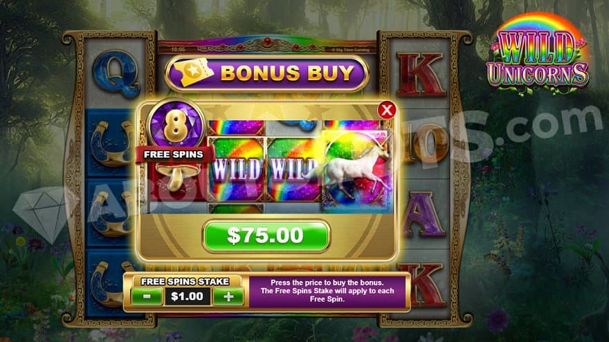A menu offering 8 Free Spins for 75X the bet.